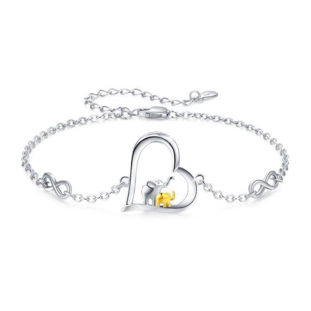 Sterling Silver Two-tone Elephant & Heart & Infinity Symbol Pendant Bracelet-0