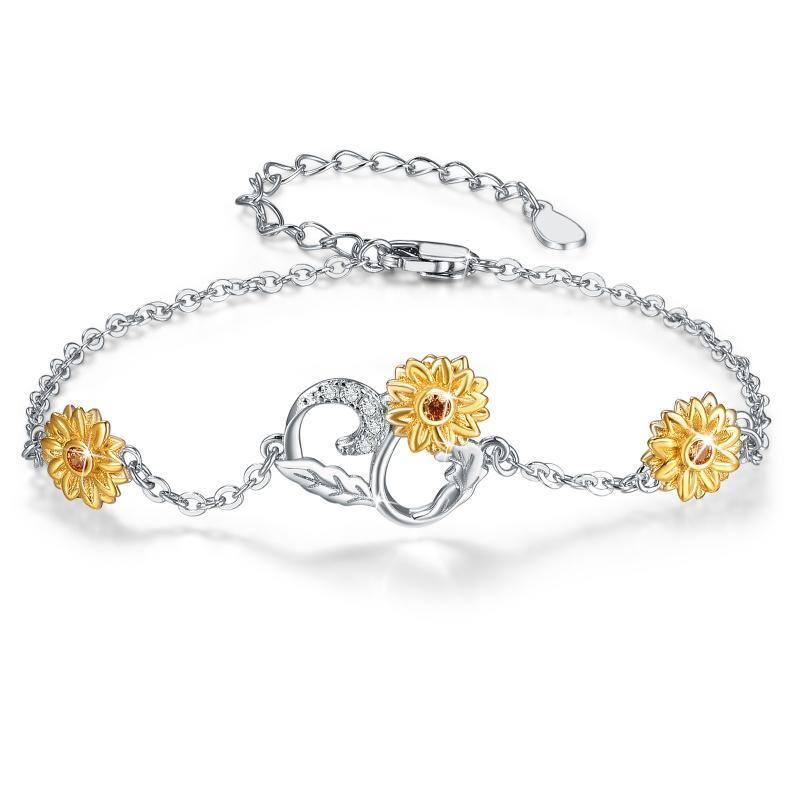 Sterling Silver Two-tone Sunflower Pendant Bracelet with Cubic Zirconia-1