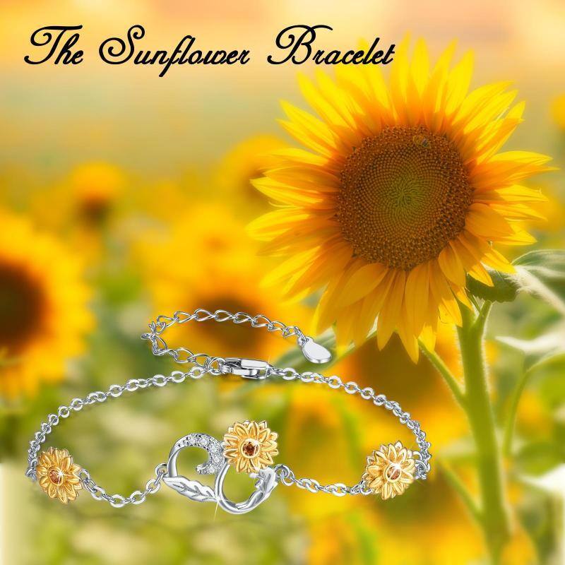 Sterling Silver Two-tone Sunflower Pendant Bracelet with Cubic Zirconia-6