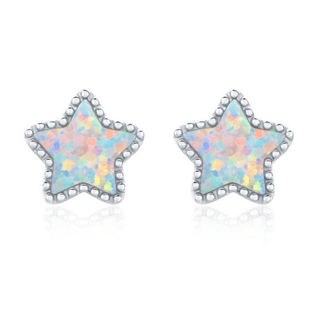 Sterling Silver Opal Star Stud Earrings-5