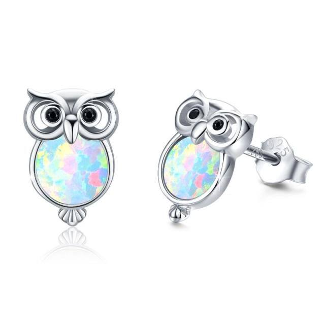 Sterling Silver Circular Shaped Opal Owl Stud Earrings-1