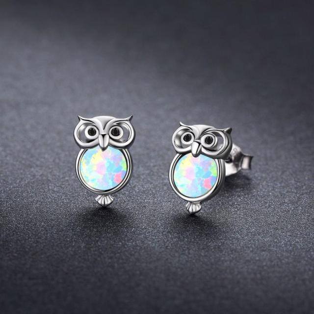Sterling Silver Circular Shaped Opal Owl Stud Earrings-6