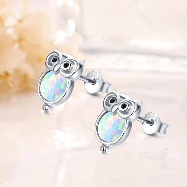 Sterling Silver Circular Shaped Opal Owl Stud Earrings-5