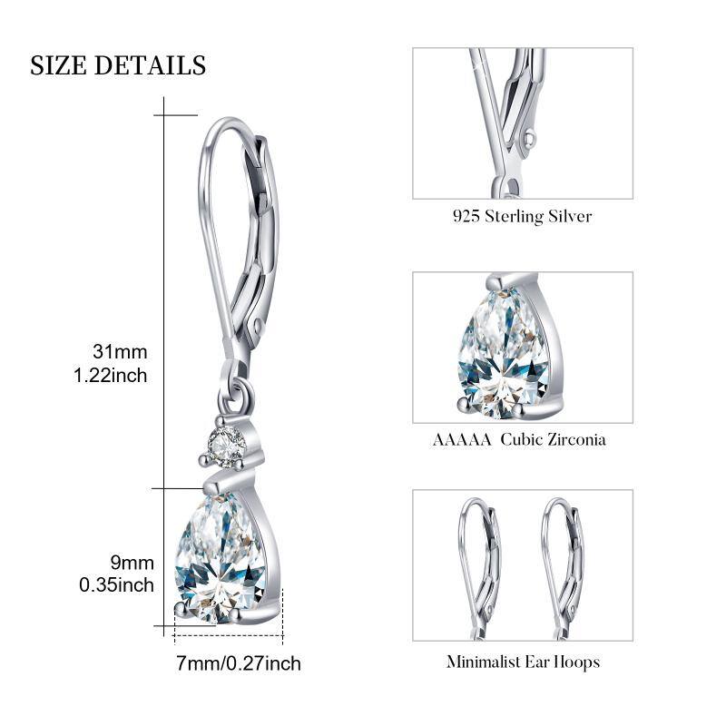 Sterling Silver Cubic Zirconia Drop Shape Lever-back Earrings-5