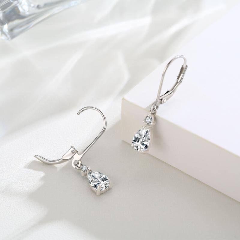 Sterling Silver Cubic Zirconia Drop Shape Lever-back Earrings-4