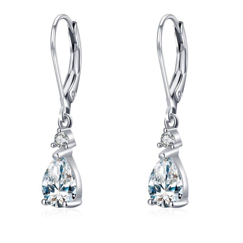 Sterling Silver Cubic Zirconia Drop Shape Lever-back Earrings-36