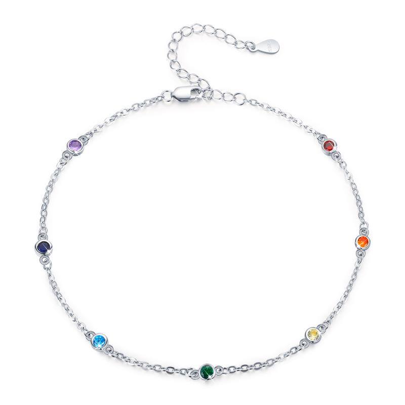 Sterling Silver Cubic Zirconia Chakras Single Layer Charm Anklet