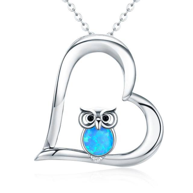 Sterling Silver Opal Owl & Heart Pendant Necklace-1