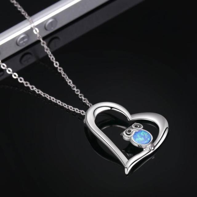 Sterling Silver Opal Owl & Heart Pendant Necklace-2