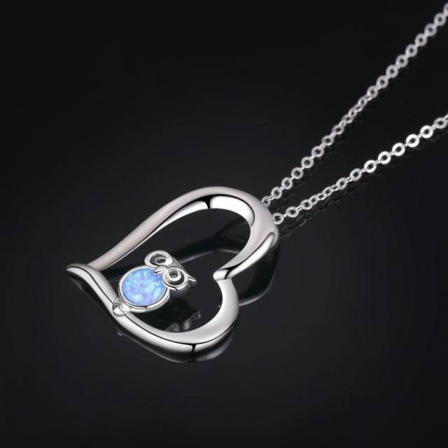 Sterling Silver Opal Owl & Heart Pendant Necklace-3