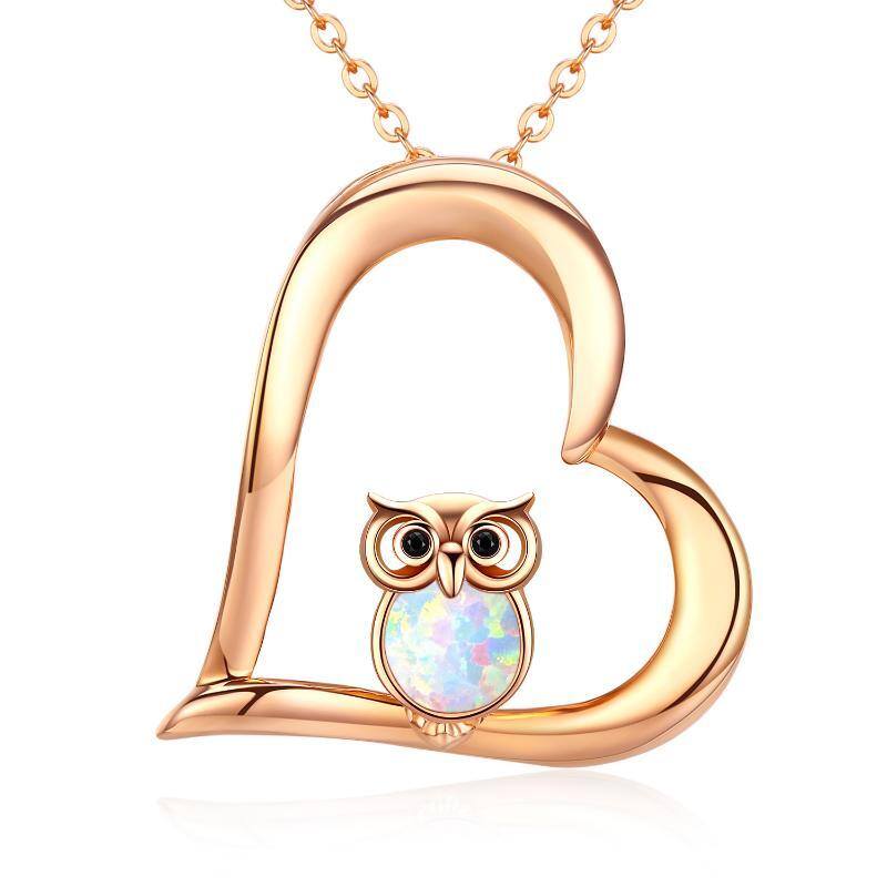 Sterling Silver with Rose Gold Plated Opal Owl & Heart Pendant Necklace-1