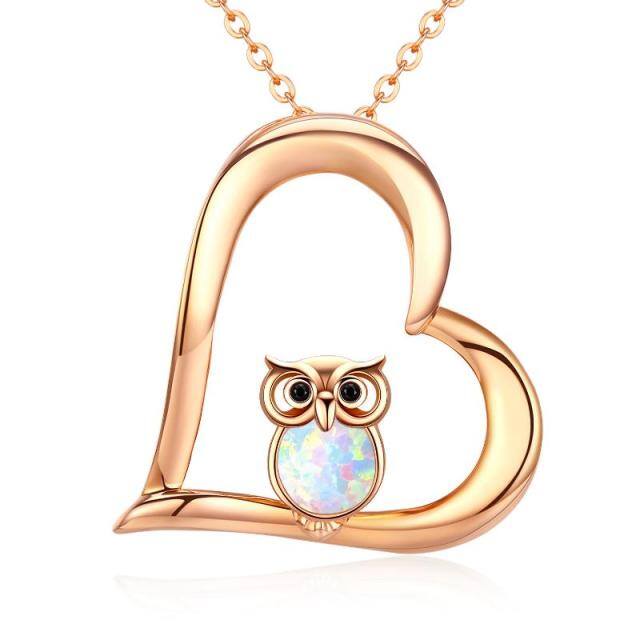 Sterling Silver with Rose Gold Plated Opal Owl & Heart Pendant Necklace-5