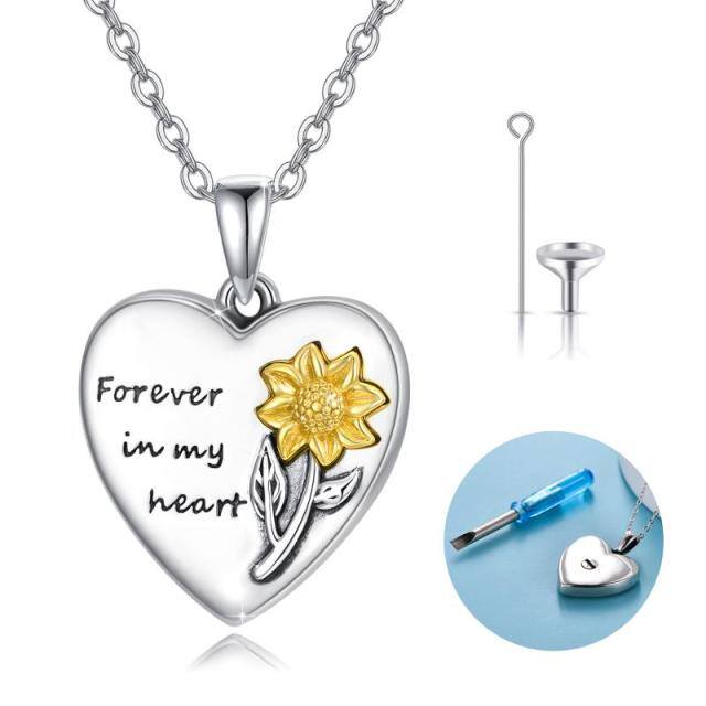 Sterling Silver Two-tone Heart Sunflower Urn Necklace for Ashes with Engraved Word-3