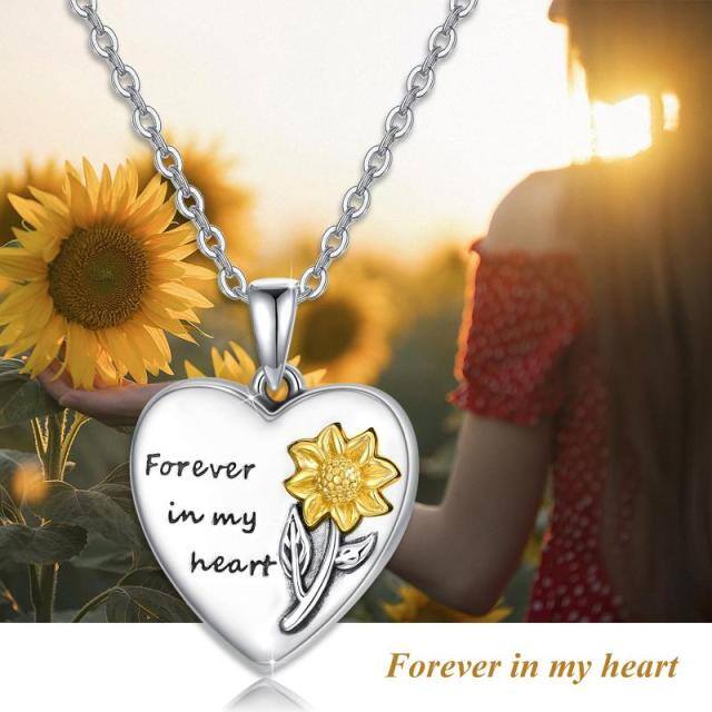 Collar de urna de girasol en forma de corazón de dos tonos de plata de ley para cenizas con palabra grabada-5