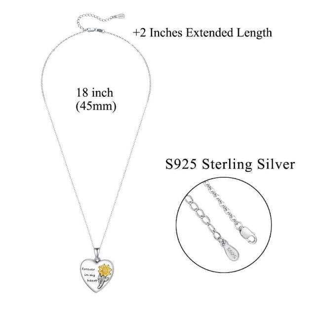 Zweifarbige Urnenhalskette aus Sterlingsilber mit Herz und Sonnenblumenmotiv für die Asche mit eingraviertem Wort-2