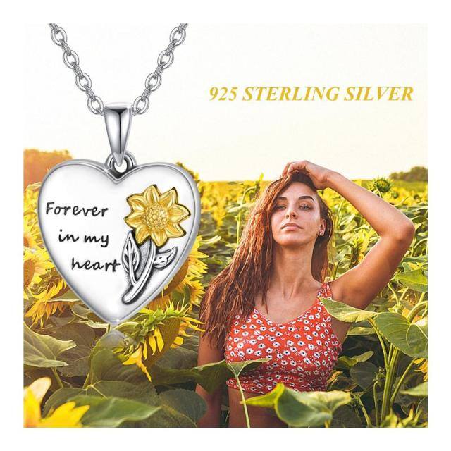 Collar de urna de girasol en forma de corazón de dos tonos de plata de ley para cenizas con palabra grabada-4