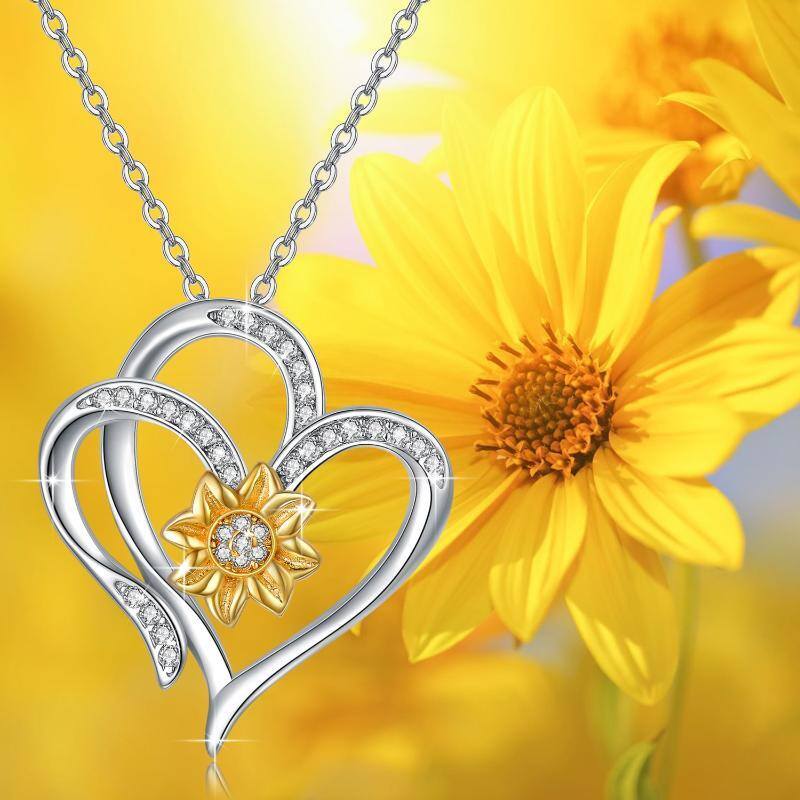 Sterling Silver Two-tone Circular Shaped Cubic Zirconia Sunflower & Heart Pendant Necklace-6