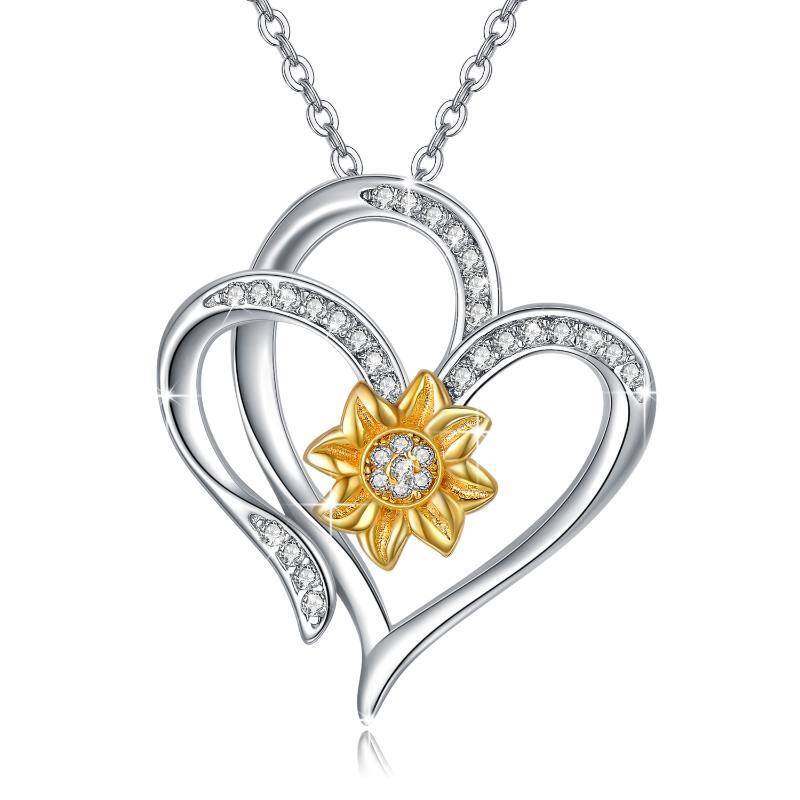 Sterling Silver Two-tone Circular Shaped Cubic Zirconia Sunflower & Heart Pendant Necklace-1