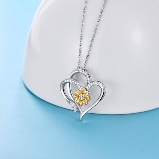 Sterling Silver Two-tone Circular Shaped Cubic Zirconia Sunflower & Heart Pendant Necklace-3