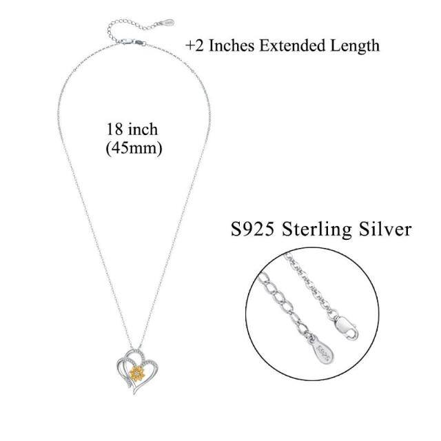 Sterling Silver Two-tone Circular Shaped Cubic Zirconia Sunflower & Heart Pendant Necklace-4