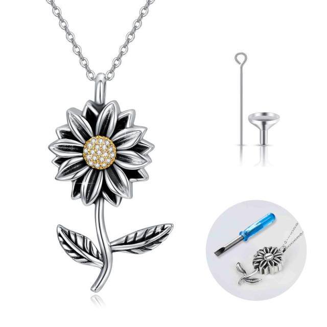 Sterling Silver Oxidized Cubic Zirconia Sunflower Urn Necklace for Ashes-0