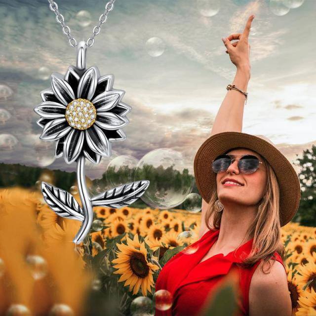 Sterling Silver Oxidized Cubic Zirconia Sunflower Urn Necklace for Ashes-7