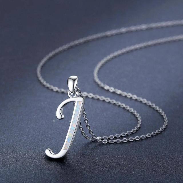 Sterling Silver Opal Personalized Initial Letter J Pendant Necklace-4