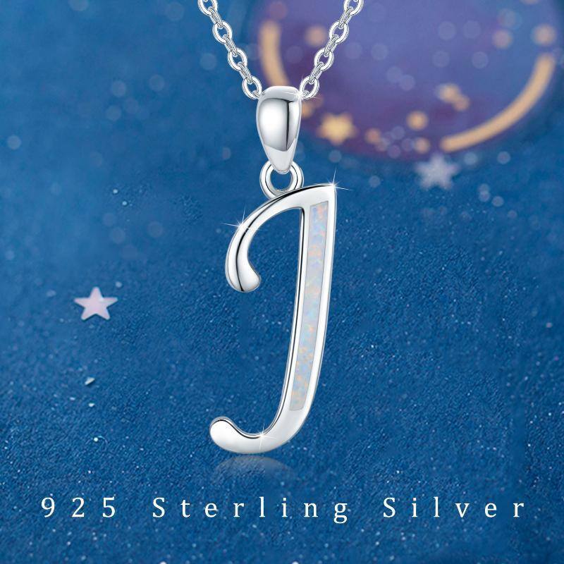 Sterling Silver Opal Personalized Initial Letter J Pendant Necklace-8