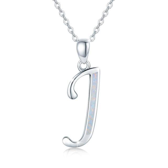 Sterling Silver Opal Personalized Initial Letter J Pendant Necklace-0