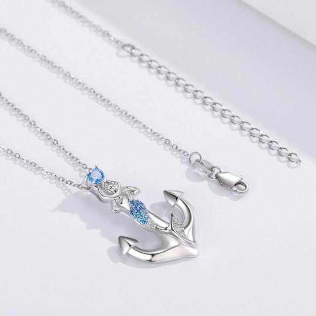 Sterling Silver Circular Shaped & Heart Shaped Cubic Zirconia Anchor & Heart & Mermaid Pendant Necklace-4