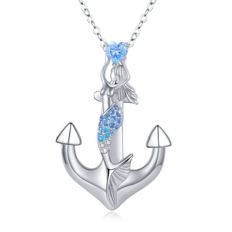 Sterling Silver Circular Shaped & Heart Shaped Cubic Zirconia Anchor & Heart & Mermaid Pendant Necklace-1