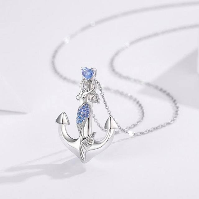 Sterling Silver Circular Shaped & Heart Shaped Cubic Zirconia Anchor & Heart & Mermaid Pendant Necklace-3