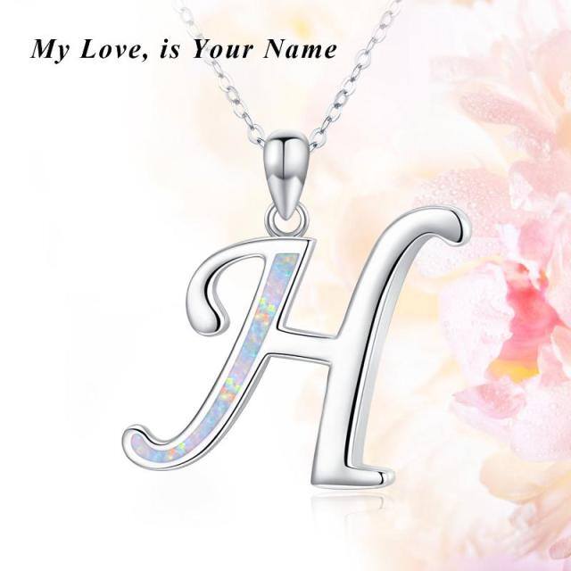 Sterling Silver Opal Personalized Initial Letter H Pendant Necklace-4