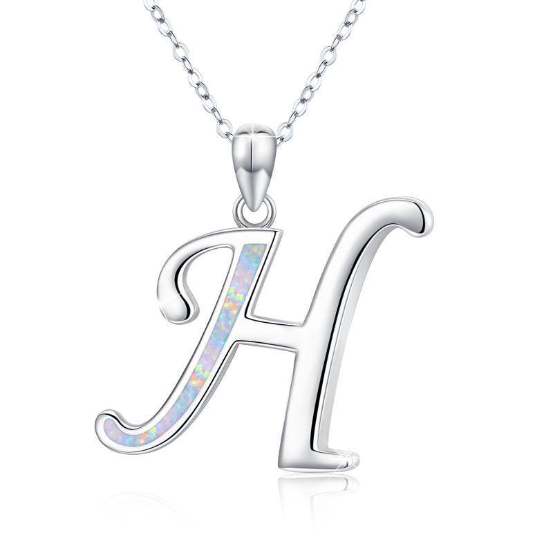 Sterling Silver Opal Personalized Initial Letter H Pendant Necklace-1