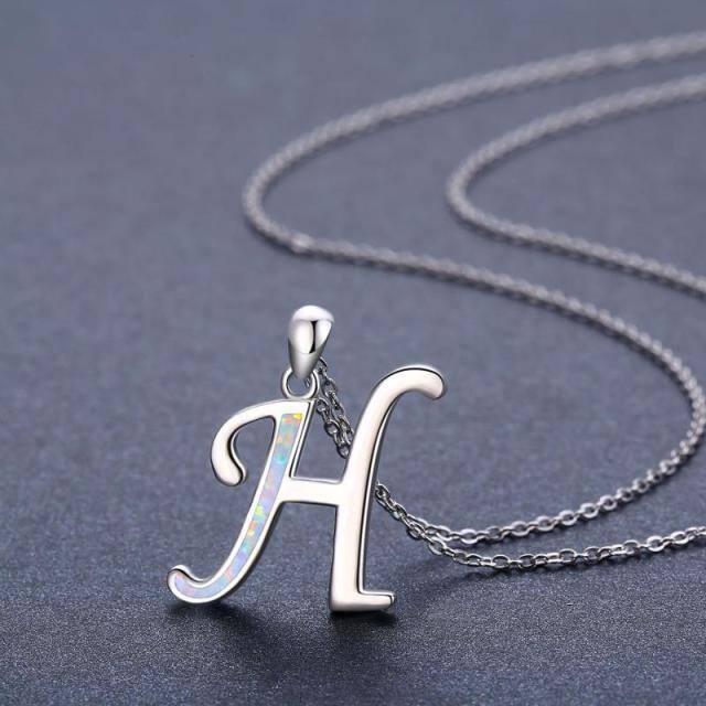 Sterling Silver Opal Personalized Initial Letter H Pendant Necklace-3