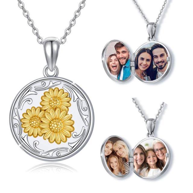 Collana con medaglione fotografico personalizzato girasole bicolore in argento sterling-4