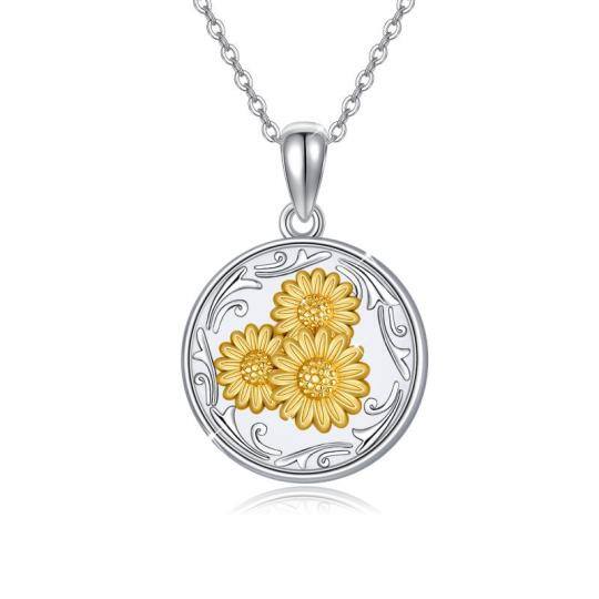 Collier médaillon photo personnalisé tournesol bicolore en argent sterling