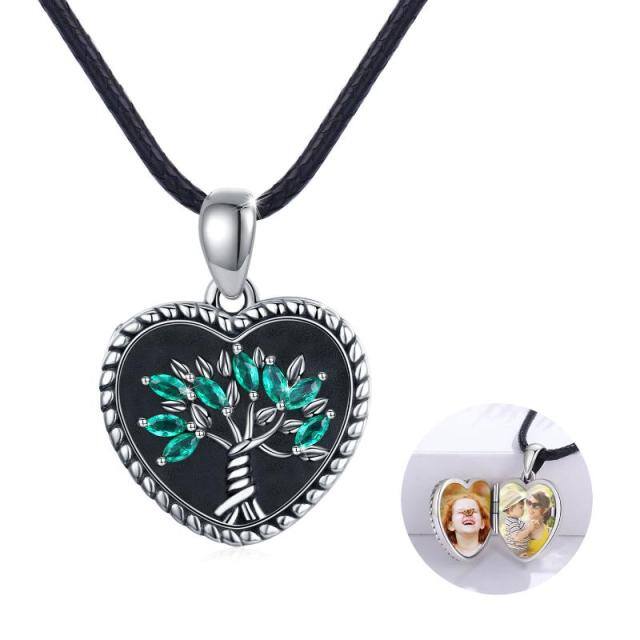 Sterling Silver Cubic Zirconia Tree Of Life Personalized Photo Locket Necklace-2