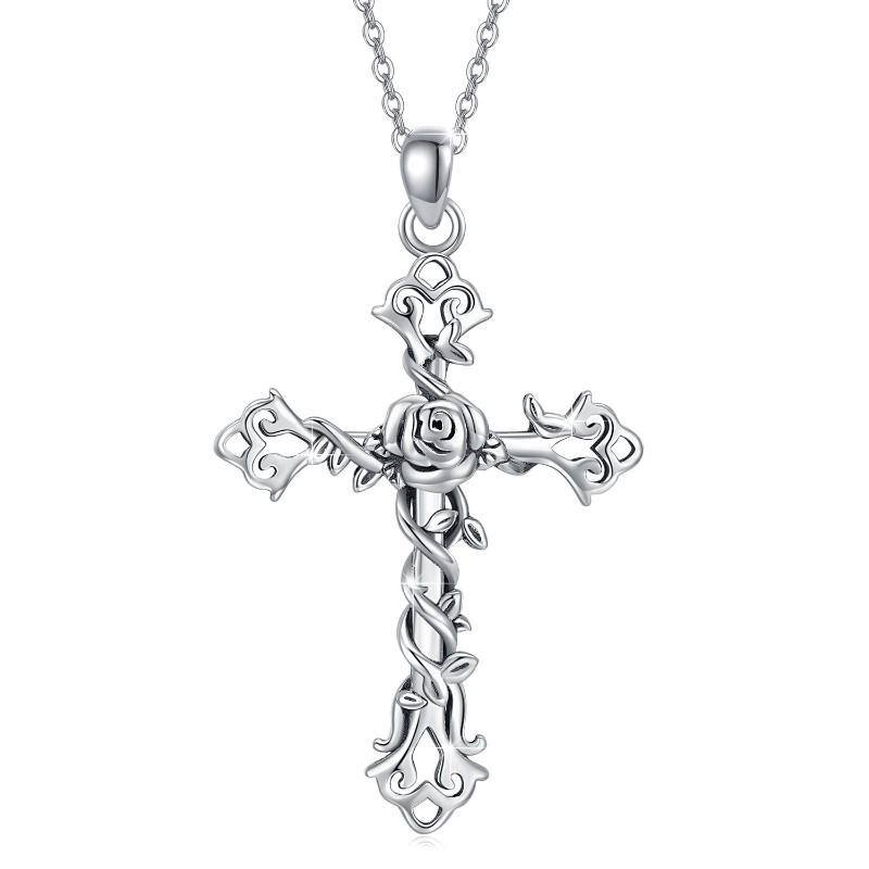 Collier en argent sterling avec pendentif croix. fleur de rose et lierre-1