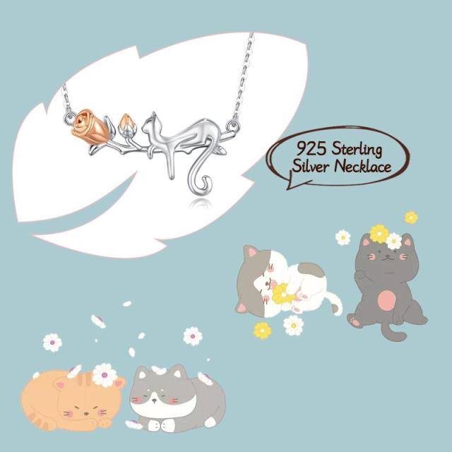 Sterling Silver Two-tone Cat & Rose Pendant Necklace-5
