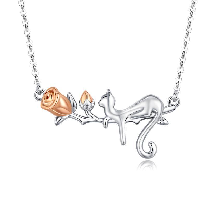 Sterling Silver Two-tone Cat & Rose Pendant Necklace-1