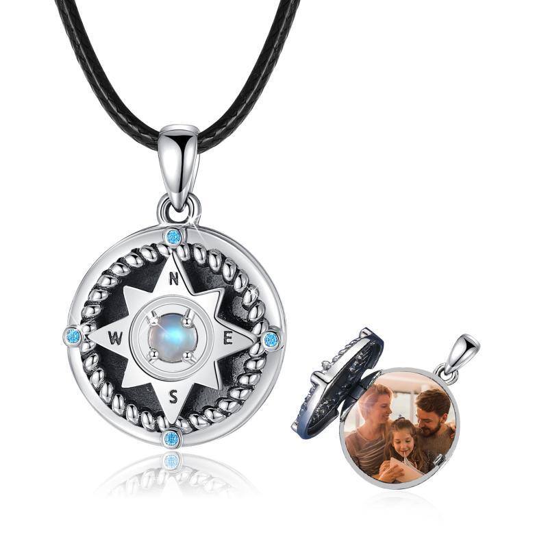 Sterling Silver Moonstone Compass Personalized Photo Locket Necklace-1