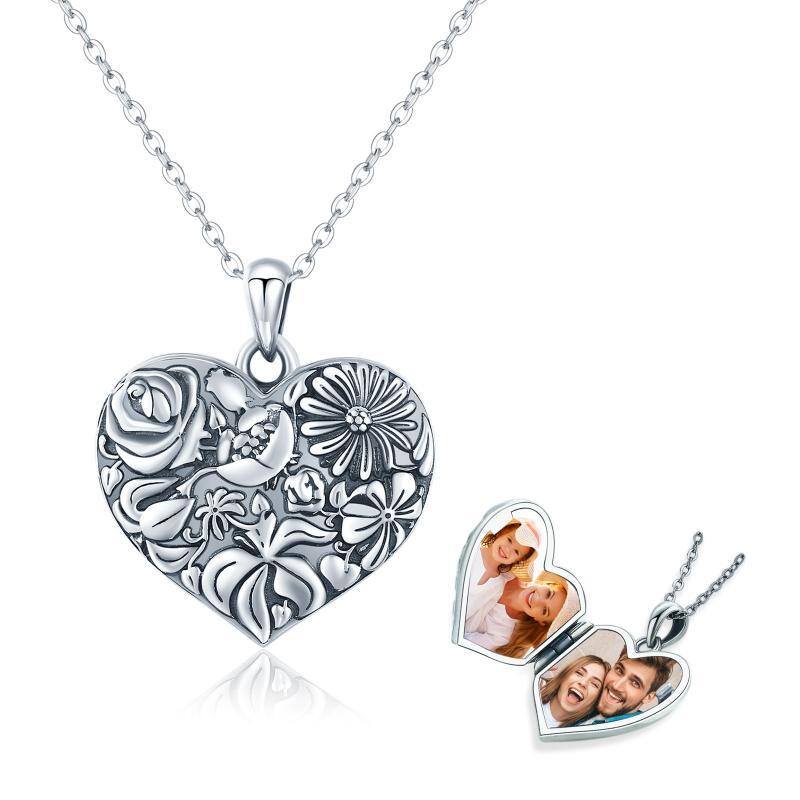 Sterling Silver Heart Pendant Birth Flower Personalized Photo Locket Necklace-1