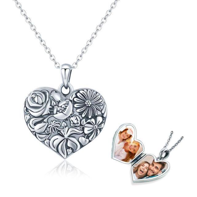Sterling Silver Heart Pendant Birth Flower Personalized Photo Locket Necklace-0