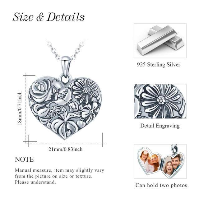 Sterling Silver Heart Pendant Birth Flower Personalized Photo Locket Necklace-5