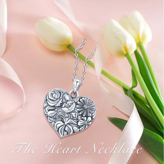 Sterling Silver Heart Pendant Birth Flower Personalized Photo Locket Necklace-4