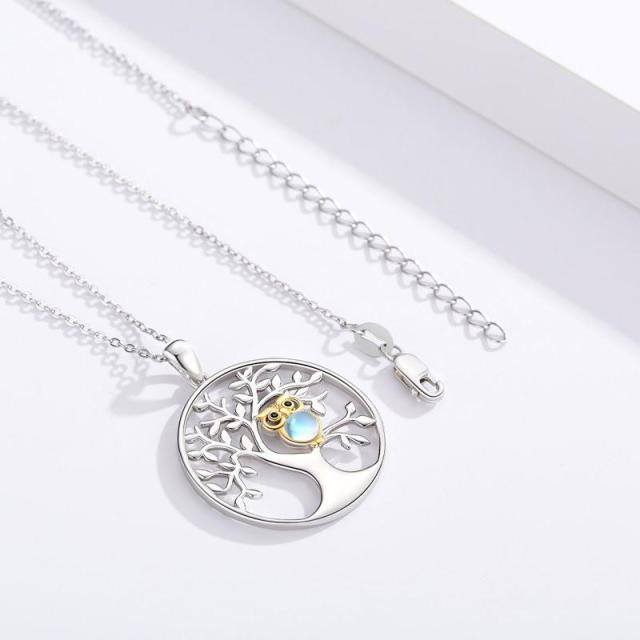 Sterling Silver Round Moonstone Owl & Tree Of Life Pendant Necklace-3