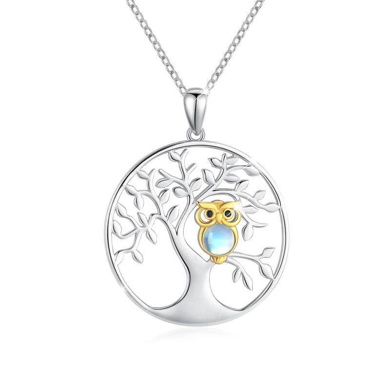 Sterling Silver Round Moonstone Owl & Tree Of Life Pendant Necklace-1
