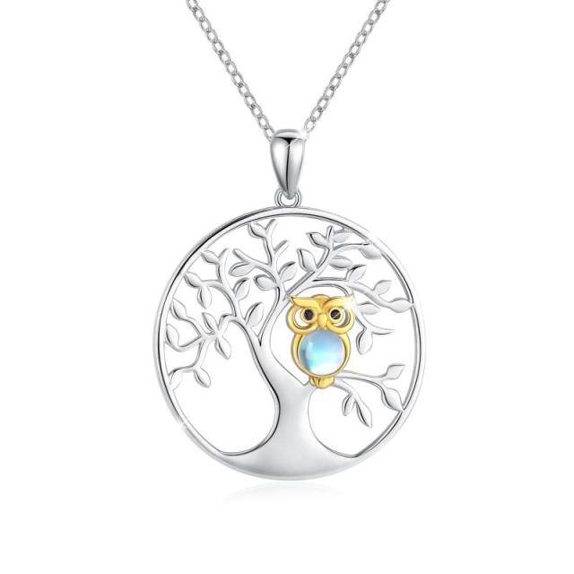 Collier pendentif arbre de vie hibou pierre de lune ronde en argent sterling-0