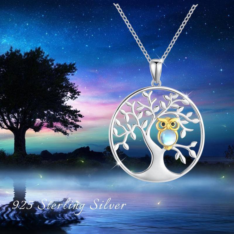 Sterling Silver Round Moonstone Owl & Tree Of Life Pendant Necklace-8